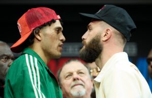 Face-off: Benavidez asked for one and got one in a tense exchange with Plant